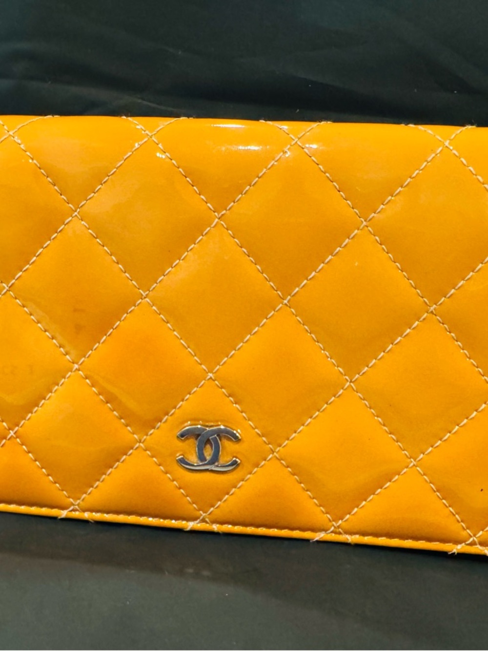 CHANEL Quilted Patent Leather Wallet - Yellow Orange with Silver CC